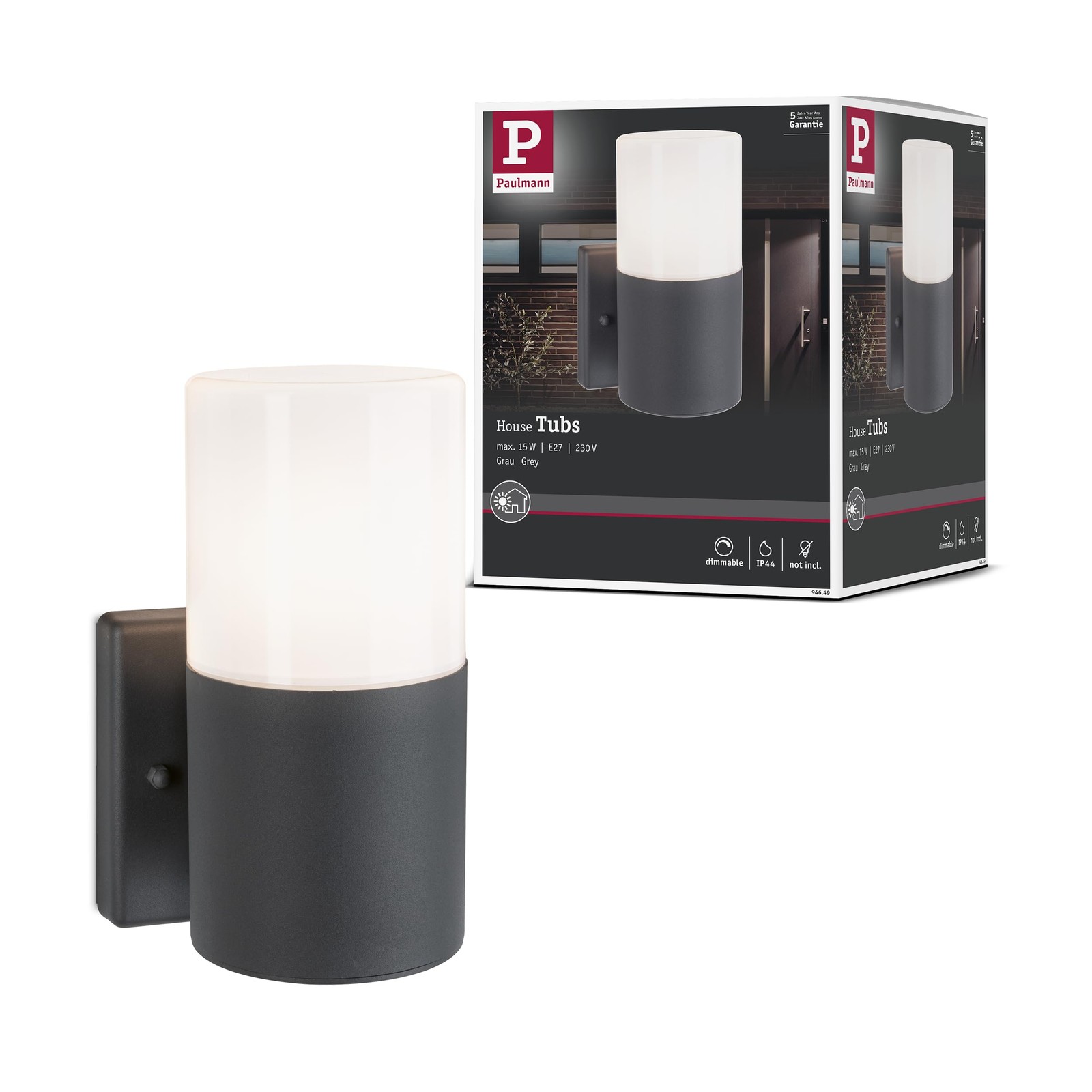 Applique extérieure ronde Tubs avec diffuseur gris dépoli anti-éblouissement IP44