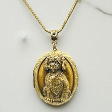 Sweet Romance Gold Tone Dog Locket Necklace Raised Design Engravable HTF