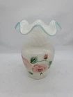 New ListingVtg Fenton White Swirl Glass Vase Hand Painted Flowers Blue Ruffled Rim No Damag