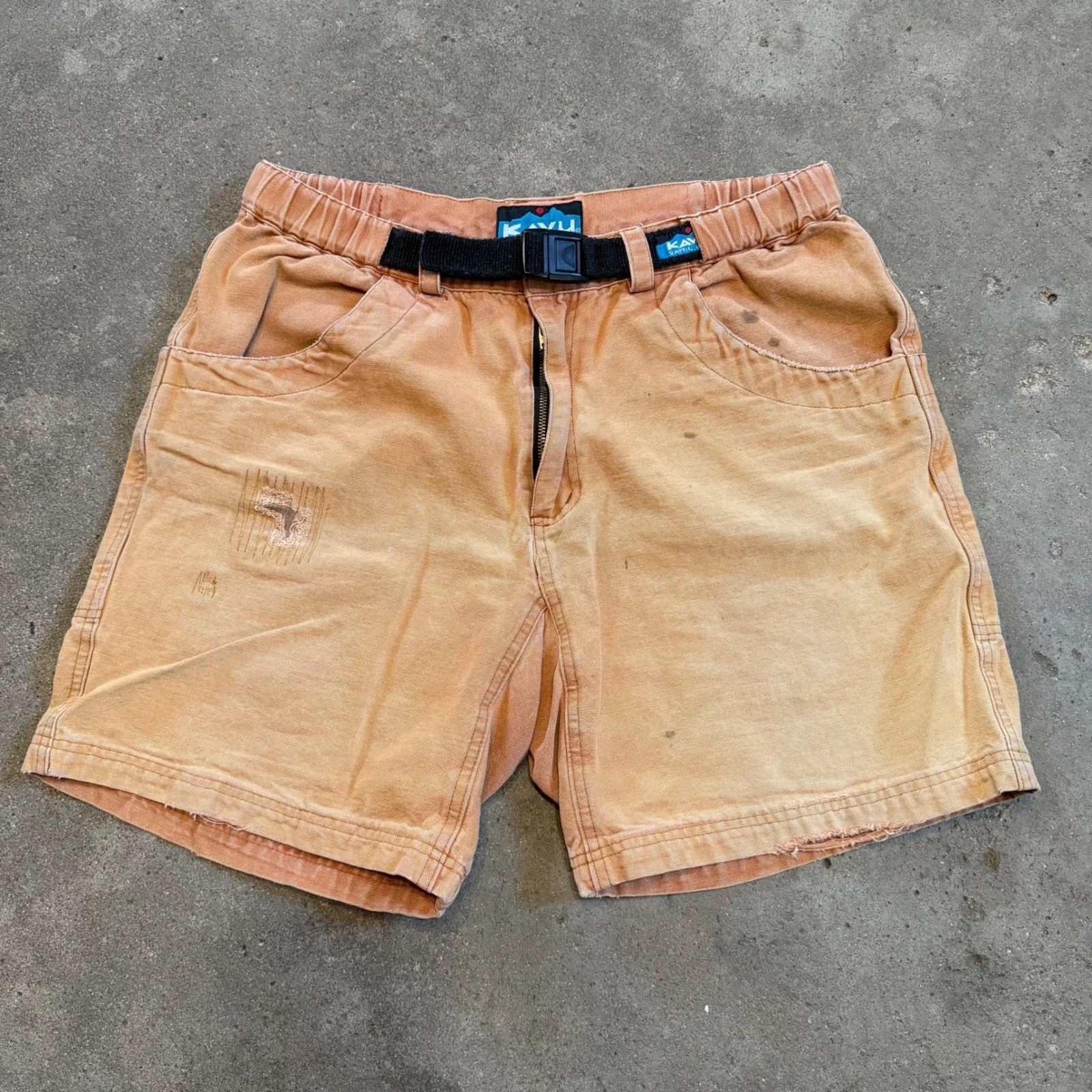 VTG Faded Kavu Shorts Men Large Orange Canvas Belted Gorpcore Made in USA