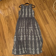 BHLDN Anthropologie Bridesmaids Embroidered Floral Parsons Grey Midi Dress Sz 16