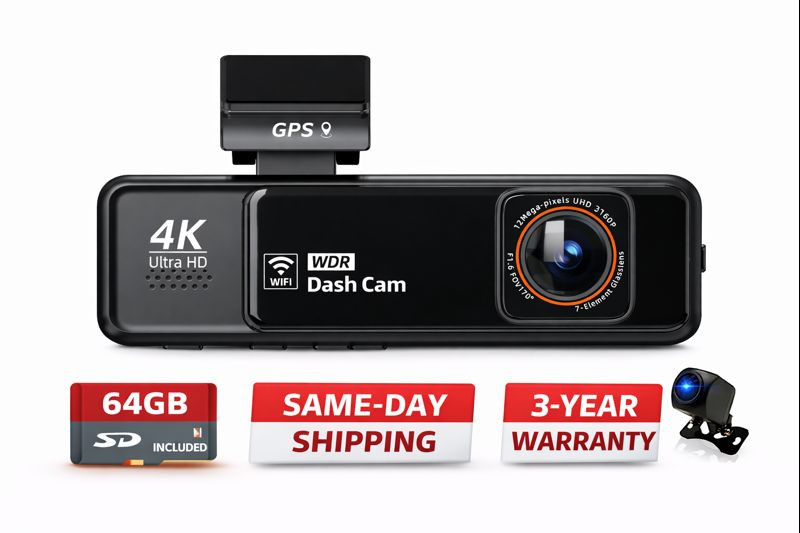 Dash Cam 4K Front & Rear Dash Camera w/ GPS WiFi | 64GB Included