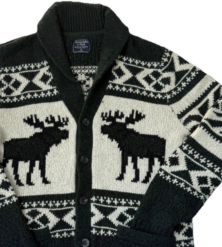 Abercrombie & Fitch Size Medium Wool Moose Fair Isle Cardigan Sweater Y2K
