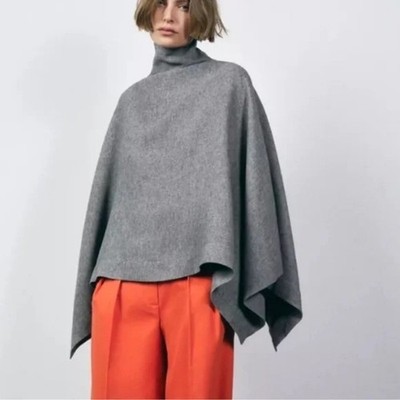 NWT ZARA MANTECO Wool Blend Oversized Cape Grey High Neck Poncho Coat Wrap M