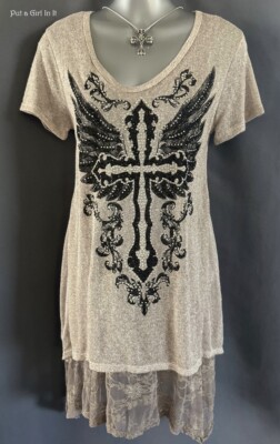 New USA VOCAL Womens CRYSTAL TAUPE CROSS WINGS LACE LAYER TANK TUNIC SHIRT S M L