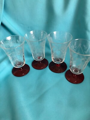 Vintage Crystal and Ruby Red Wine/Cordial Glasses- Unique Size- Set of 4