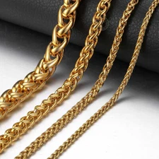 Men Women Braided Wheat Spiga Necklace Gold Plated Stainless Steel Chain 3-9.5mm