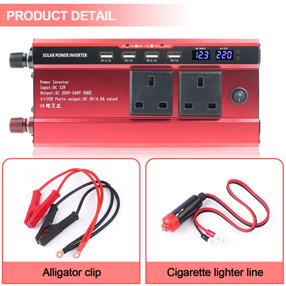 6000W Car Power Inverter Converter DC 12V to AC 240V 4 USB 2 UK Socket Sine Wave - Image 4 of 4
