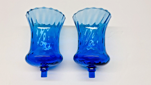 Vintage 2er Set Homco Optik Blau Glas Wirbelmuster Zapfen Votivkerzenhalter