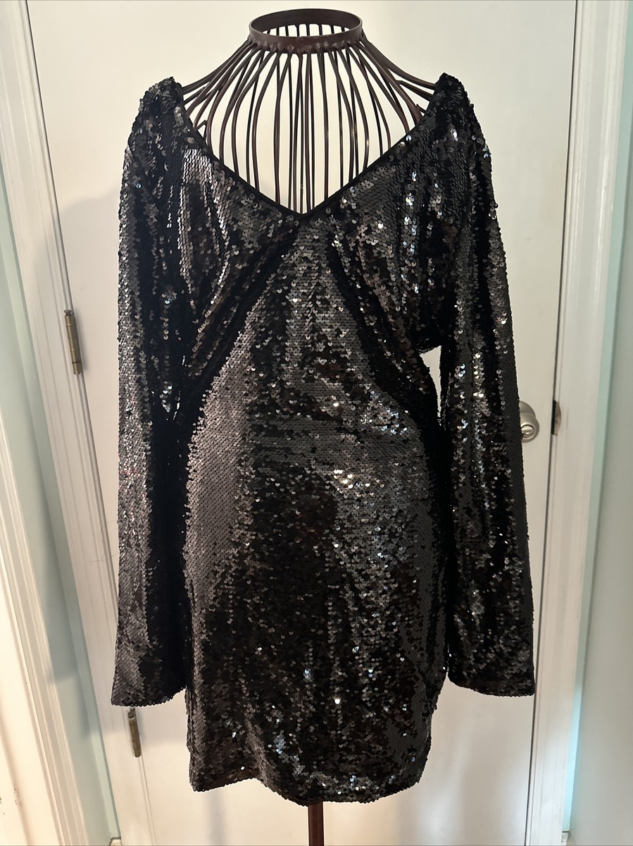 black sequin long sleeve mini dress Long Sleeve Embellished Cowl Neck Mini Dress in Black - 4