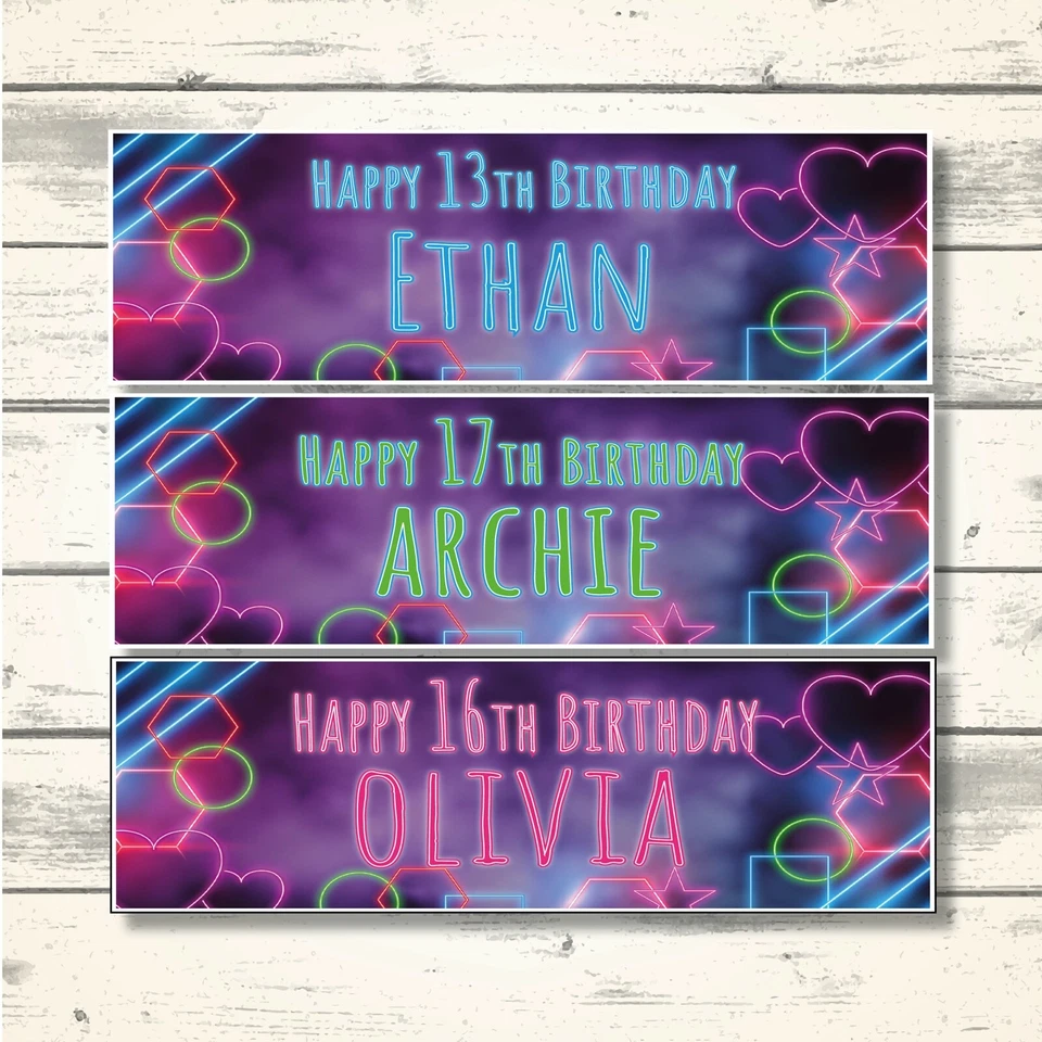 2 PERSONALISED NEON SHAPE BIRTHDAY / PARTY BANNERS - Design 2