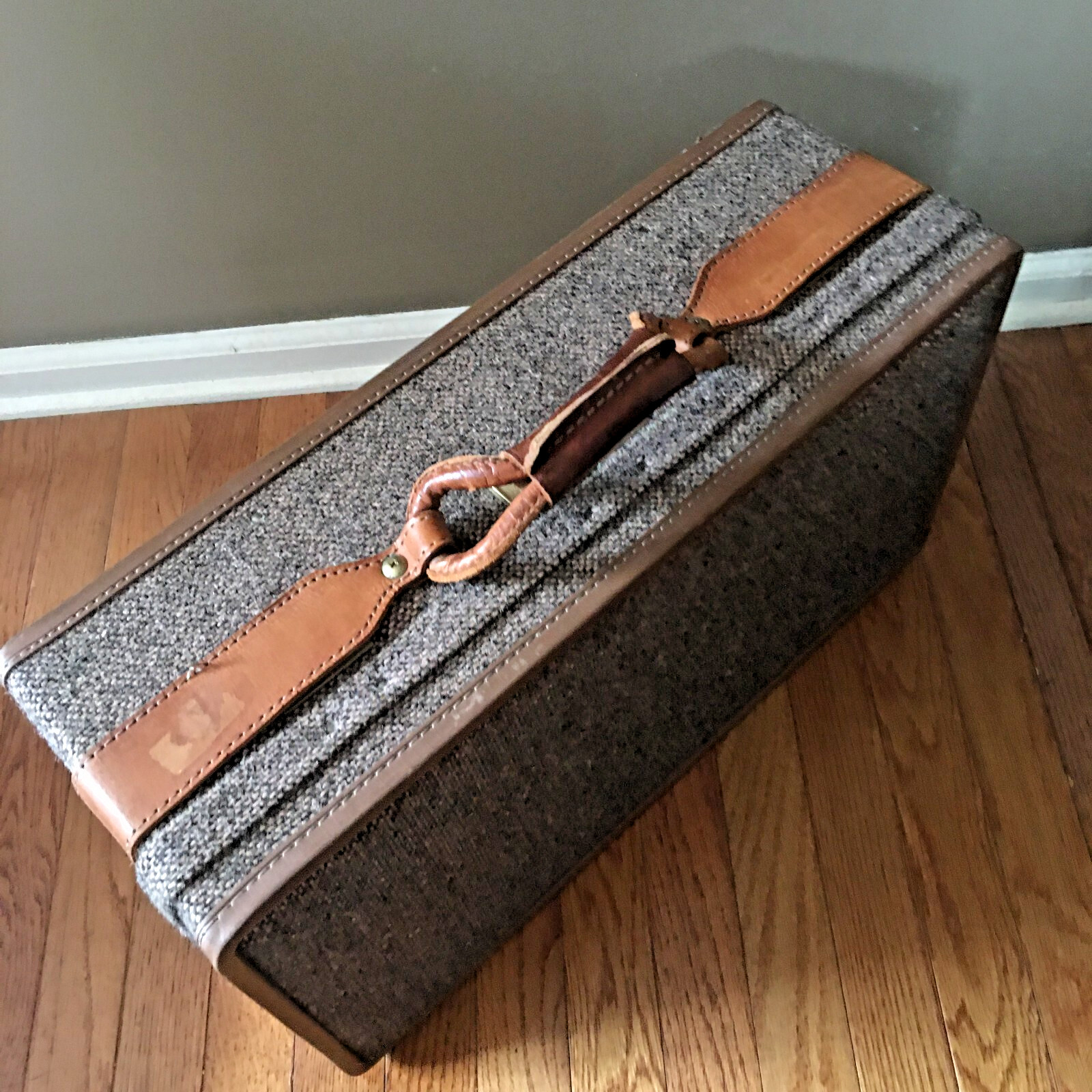 Vintage Hartmann Tweed Luggage Suitcase Brown Leather Handle