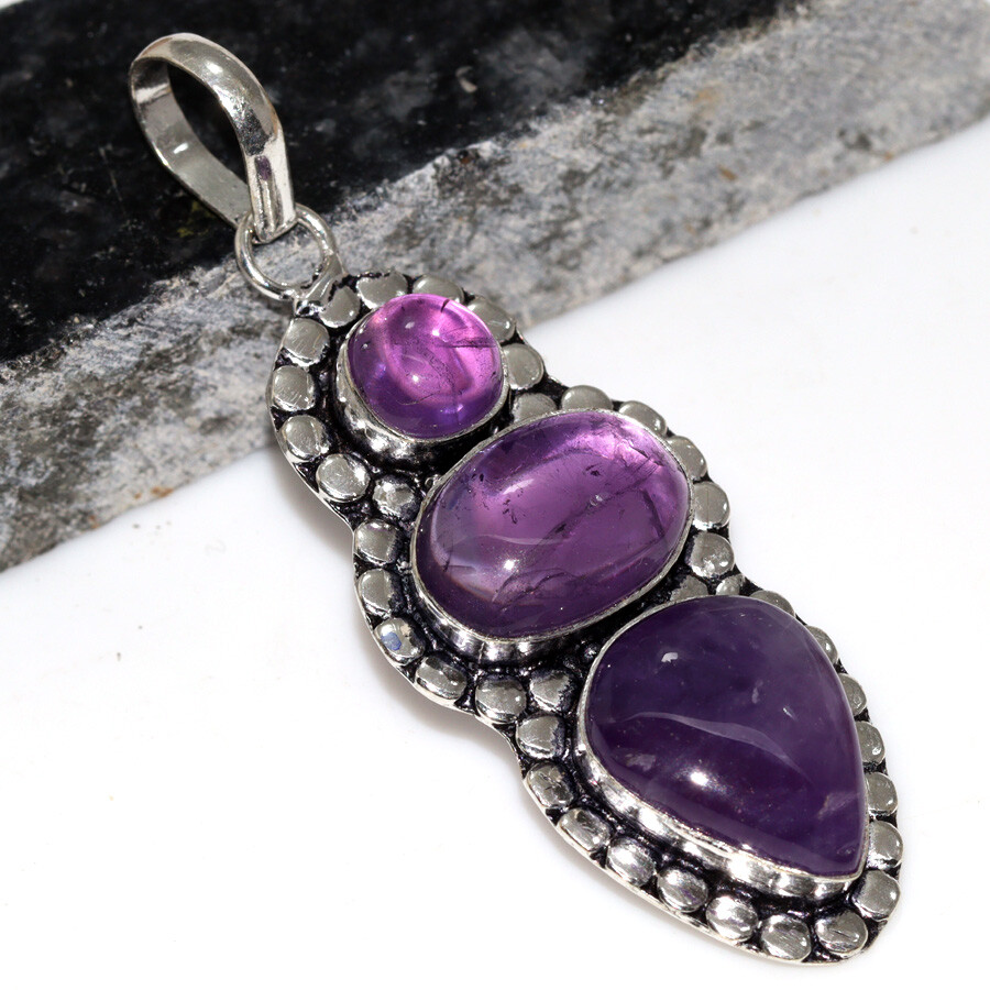 925 Silver Plated Natural Amethyst Ethnic Long Pendant Jewelry Size 2.7