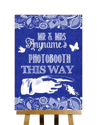 Marineblau Sackleinen Spitzenoptik Photobooth So rechts personalisiert Hochzeitsschild