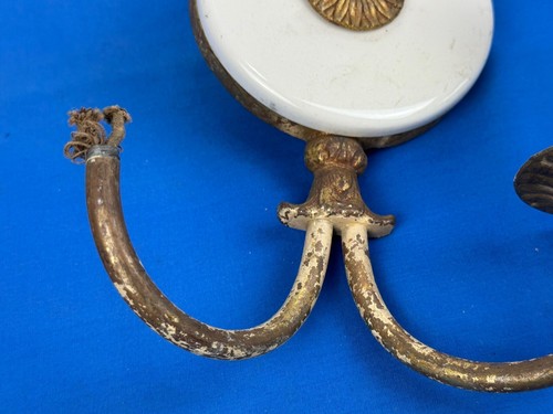 C.1920 Brass Sconce Light Fixture w/ Center Milk Glass Disc, Fleur De Lis Top! - Picture 3 of 9
