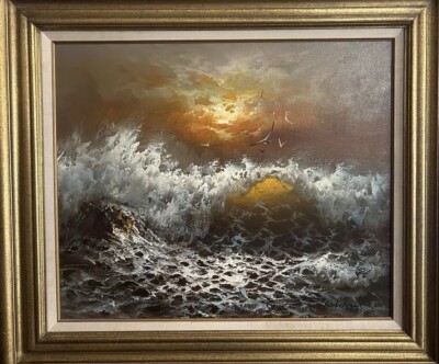 Menashe Kadishman Waves & Sunset Signed Original 20x24 Oil On Canvas Painting