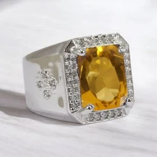 Citrine Emerald Cut Gemstone With 925 Sterling Silver Ring For Men's #870
