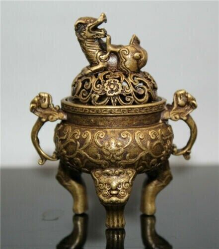 Vintage Original Chinese Brass carved small Dragon lion lid incense burner 23748 - Picture 1 of 6