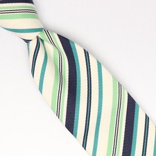 John G Hardy Mens Cotton Necktie Cream Green Multi Stripe Woven Tie Ribbed Italy