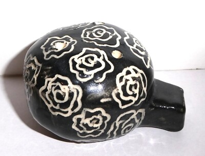 Pottery Clay Flute Whistle, 3 Hole, Black w/ White Flowers, Vintage