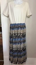 Ivory with Blue Pattern Skirt Maxi Dress Short Sleeve Size XL