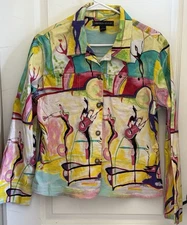 Mirror Image W Sz.L 90s Vtg. Musical Abstract Artsy Jean Jacket Shirt Colorful