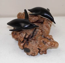 Vtg JOHN PERRY "2- Penguins on Burl Wood Base" WILDLIFE ART SCULPTURE /Arctic