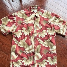 Pierre Cardin Men's L Red/Beige Hawaiian Tropical Cotton Short Sleeve Button-Up
