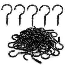 50-Pack 1-1/2 Inch Black Screw Hooks, Heavy Duty Steel Cup Hooks for Hanging, Vi