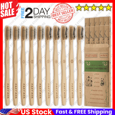 Bamboo Toothbrushes 10 Pack Biodegradable Soft Medium Charcoal Bristles Natural