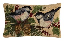 Peking Handicraft Chickadees Duo Holiday Hook Pillow, 20", Wool & Cotton