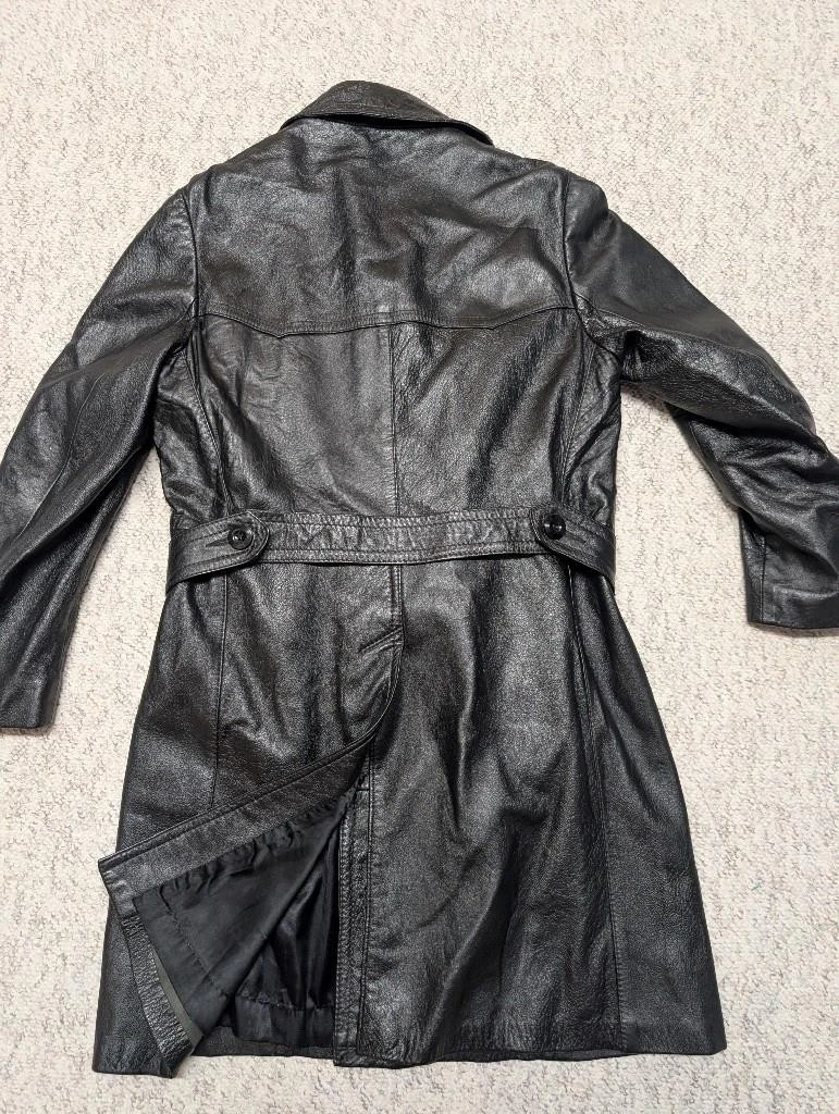 1970s vintage TRENCH COAT leather 38 double breasted BELTED black SHERLOCK image 3