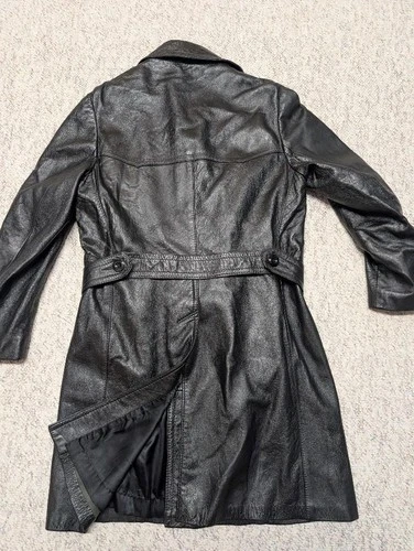 1970s vintage TRENCH COAT leather 38 double breasted BELTED black SHERLOCK image 3