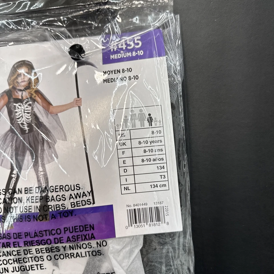 Disfraz de Halloween Grim Reaper Girl Scary Ghoul Skeleton 3 piezas niñas mediano 8-10 Foto 4 de 4