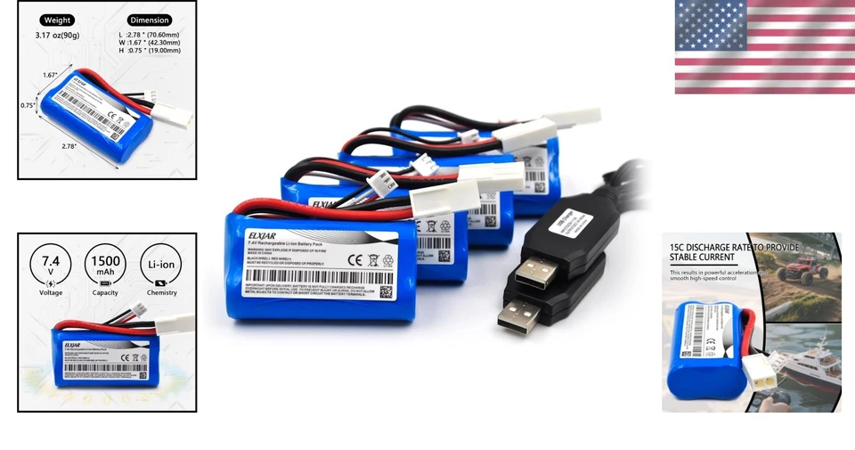 Enhanced Performance 7.4V 1500mAh Li-ion Batteries with Dual USB Charging Cables - Image 2 of 4