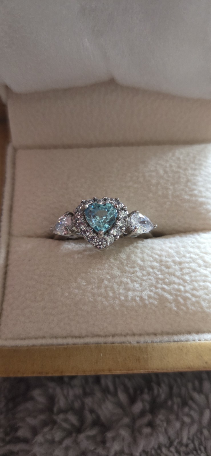 Natural  Blue Zircon Sterling Silver Heart Halo Ring Size 8
