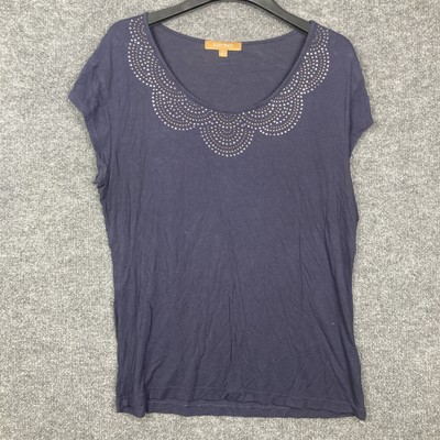 Ellen Tracy Women Large  Navy Blue S/S Scoop Neck Sequin Bling Made in USA Shirt
