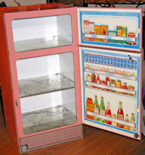 1960s PINK MID CENTURY MOD WOLVERINE FRIGIDAIRE METAL TOY REFRIGERATOR w BOX