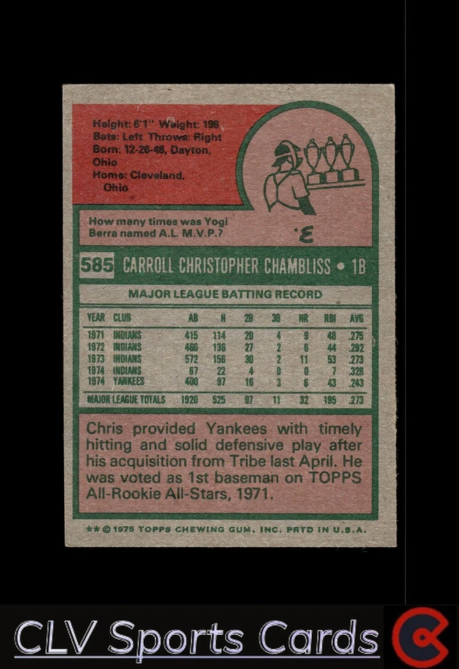 Бейсбольный мяч New York Yankees Chris Chambliss No585 Topps почти как новый или лучше - Изображение 2 из 2