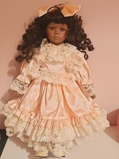 Porcelain Doll Dark Curly Hair And Brown Eyes Pink Dress With Stand 40cm Tall