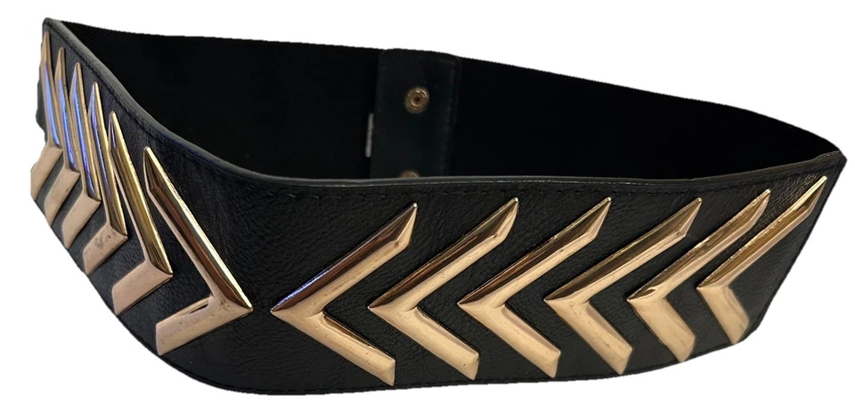 Cinturón elástico ancho de cuero sintético negro detalles dorados broches a presión en la parte posterior S/M Foto 4 de 4