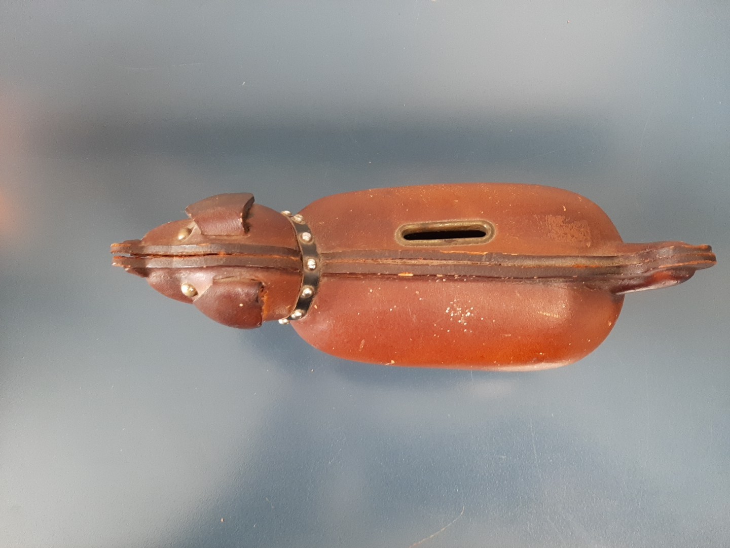 Vintage Mid Century Modern LEATHER DACHSHUND DOG BANK w COLLAR