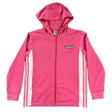 Adidas Full-Zip Button Hooded Track Jacket Youth Medium 3-Stripe Pink White