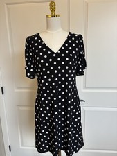 Tommy Hilfiger Black White Polka Dot V Neck Fit Flare Dress Size 10 Knee Length