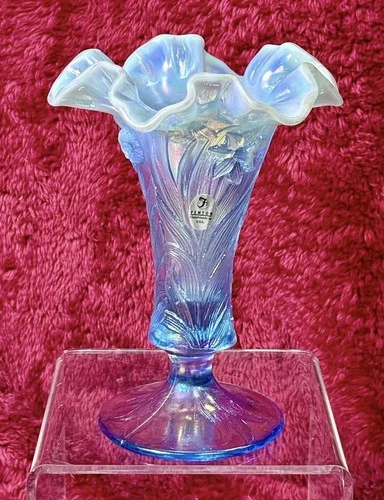 Fenton Carnival Glass Vase Daffodil Iridescent Misty Blue Opalized With Sticker