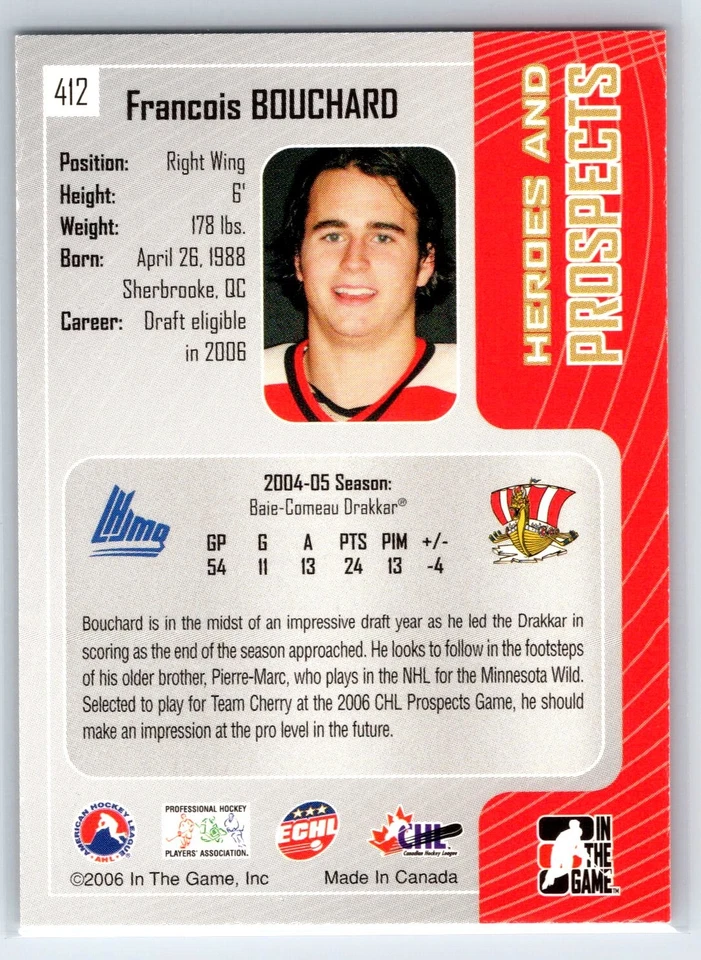 2005-06 In The Game Heroes and Prospects Francois Bouchard Rookie RC #412 - Image 2 of 2