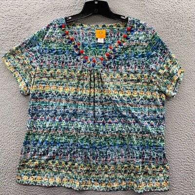 Ruby Rd Blouse Womens 2X Top Geometric Short Sleeve Sheer Green Blue