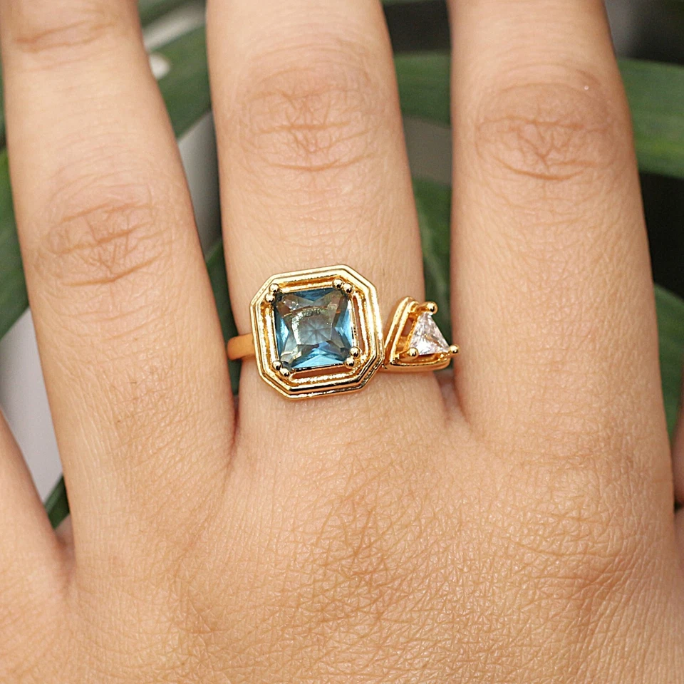 Геометрическое открытое кольцо позолоченный изумруд огранка сапфир и белый фианит заявление Rin - Изображение 2 из 4