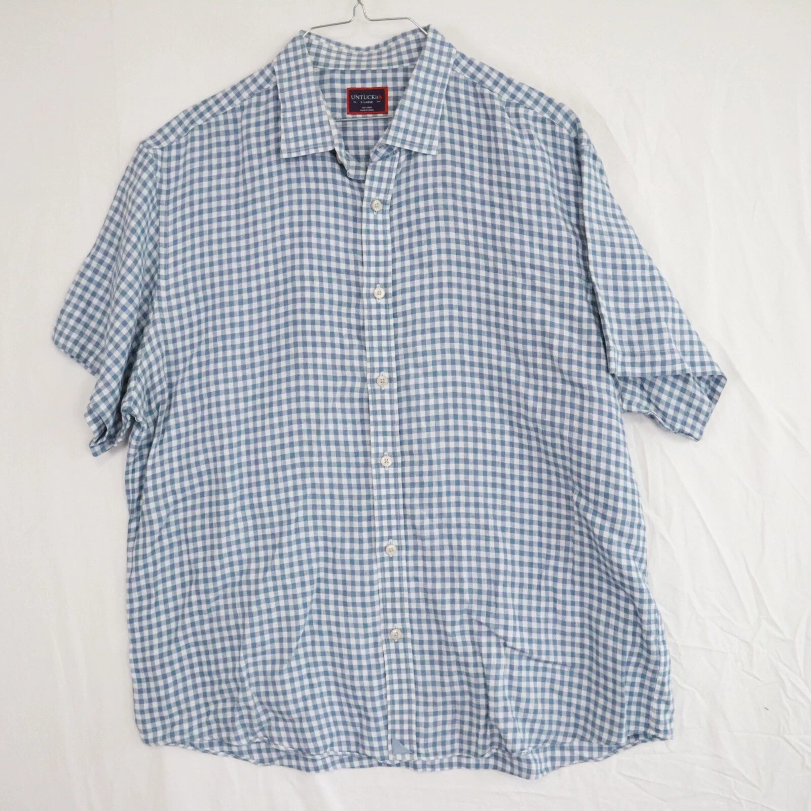 UNTUCKit Shirt Mens XL Linen Casual Button Up Blue Gingham Plaid Short Sleeve