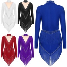 AU Women's Shiny Tassel Latin Jazz Dance Dress Long Sleeve Irregular Hem Dresses